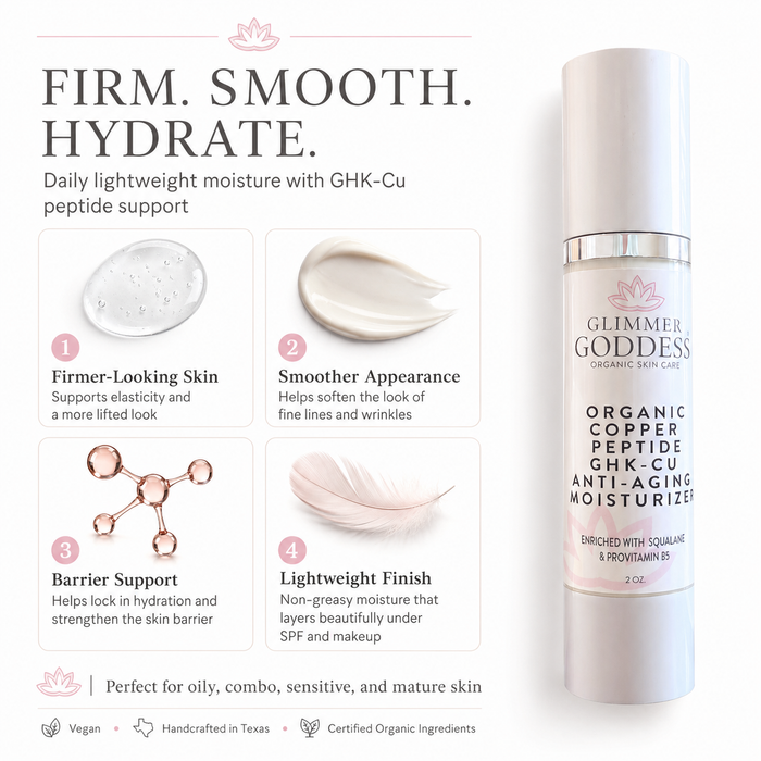 Organic Copper Peptide Moisturizer by Glimmer Goddess® for firming and smoothing skin, shown in a sleek jar with a gold lid.