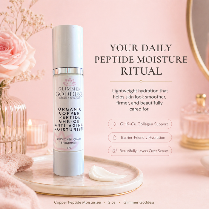 Organic Copper Peptide Moisturizer by Glimmer Goddess, a hydrating and firming skincare cream in a sleek jar.