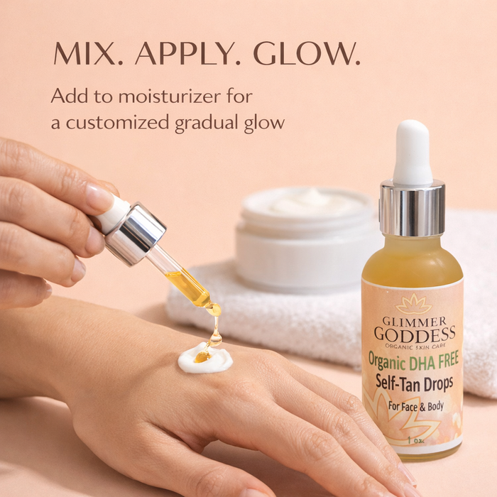 Organic DHA-Free Tanning Drops by Glimmer Goddess® for gradual, natural glow; image showing how to apply self-tanner drops.