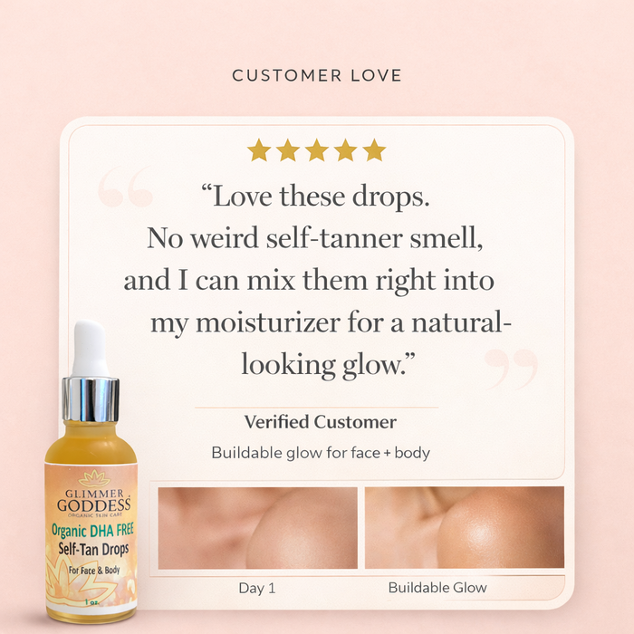 Organic DHA-Free Tanning Drops by Glimmer Goddess® for a gradual, no-odor glow; displayed in a clear dropper bottle.