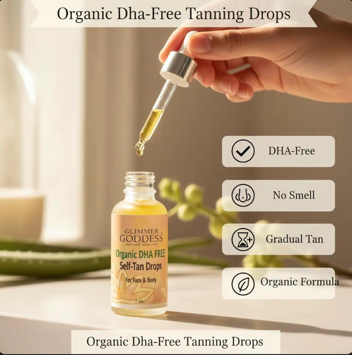 Glimmer Goddess Organic Self Tanner with DHA-free tanning drops, gradual glow, no odor, and natural sun-kissed skin finish.