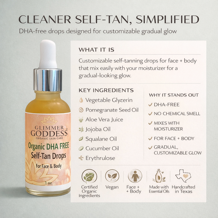 Organic DHA-Free Tanning Drops by Glimmer Goddess® for a gradual, no-odor glow; image shows ingredients of the self tanner.