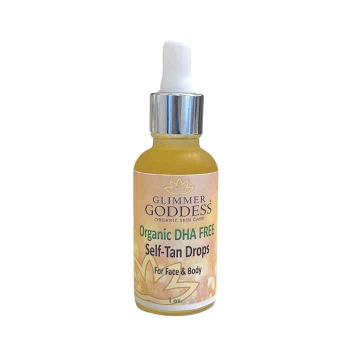 Organic DHA-free self-tan drops for face & body, natural golden glow serum in dropper bottle