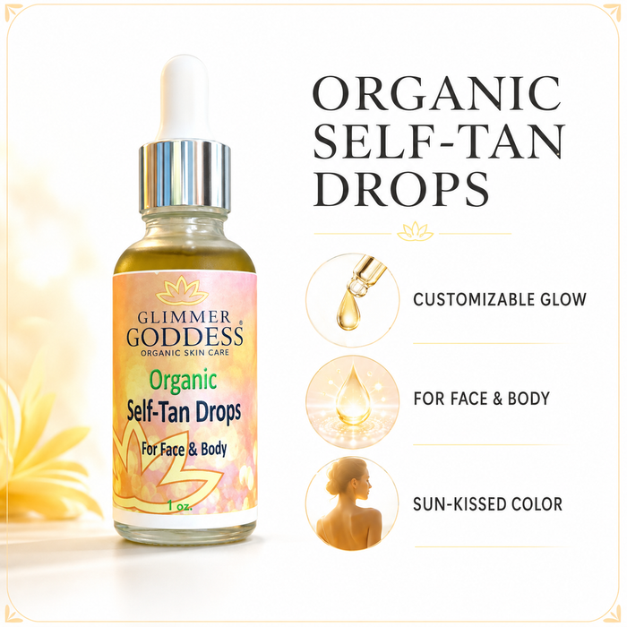 Glimmer Goddess Organic Self Tan Drops for a natural, fast-glow tan with a dropper bottle and golden liquid inside.