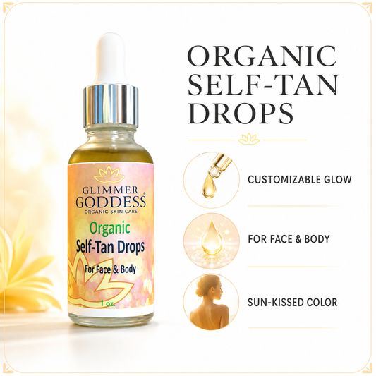 Glimmer Goddess Organic Self Tan Drops for a natural, fast-glow tan with a dropper bottle and golden liquid inside.