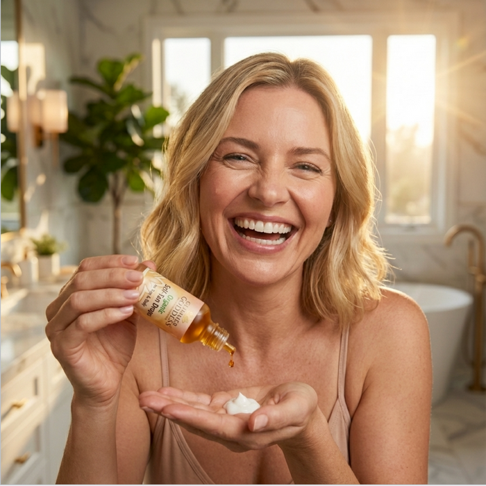 Happy woman adding Glimmer Goddess Organic Self Tan Drops to moisturizer for a natural, sun-kissed glow.