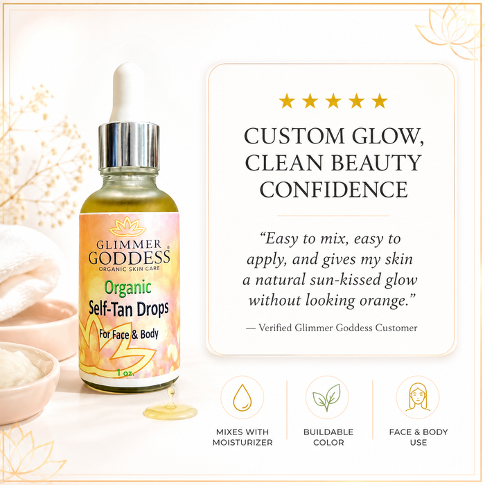 Glimmer Goddess Organic Self Tan Drops for a fast, natural glow on the skin, featuring a dropper bottle with tan liquid.