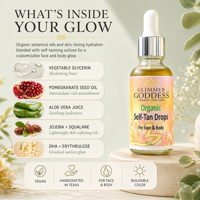 Glimmer Goddess Organic Self Tan Drops for a fast, natural glow on skin in a dropper bottle with a clear label.