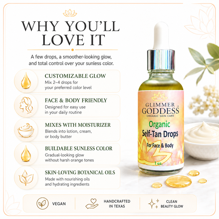 Glimmer Goddess Organic Self Tan Drops for a natural, fast-acting glow with self-tanner drops in a clear bottle with a dropper