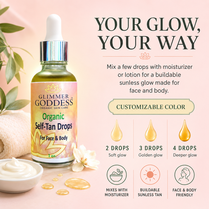 Glimmer Goddess® Organic Self Tanner drops for a natural, fast-glow tan with a dropper bottle and a clear liquid inside.