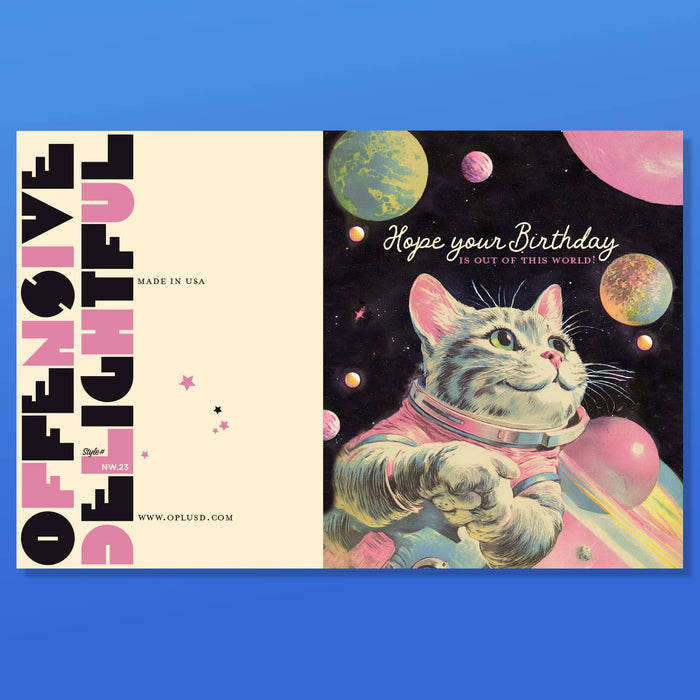 OUT OF THIS WORLD spacecat birthday card