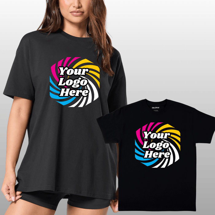 Oversized Gym Tee in black with colorful logo, ideal for teamwear, bodybuilding competition suits, and NPC fit model competition gear