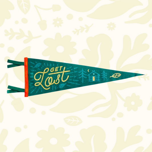 Forager Provisions LTD Get Lost wool felt pennant in forest green with gold screen-printed adventure design