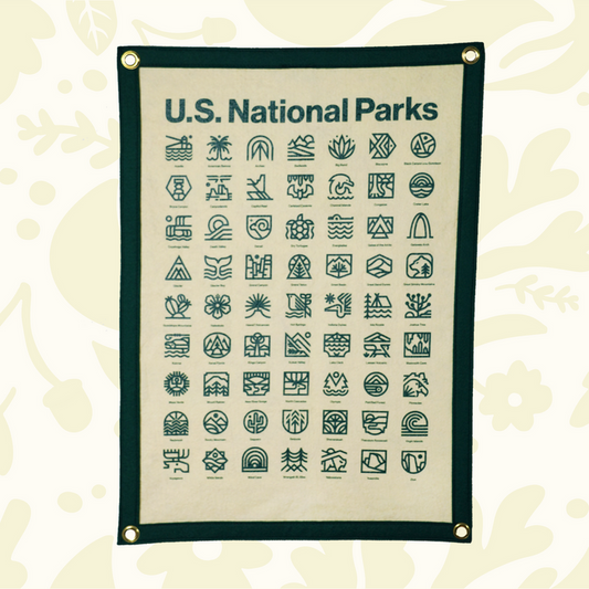 Forager Provisions LTD Oxford Pennant wool felt camp flag featuring a screen-printed U.S. National Parks graphic.