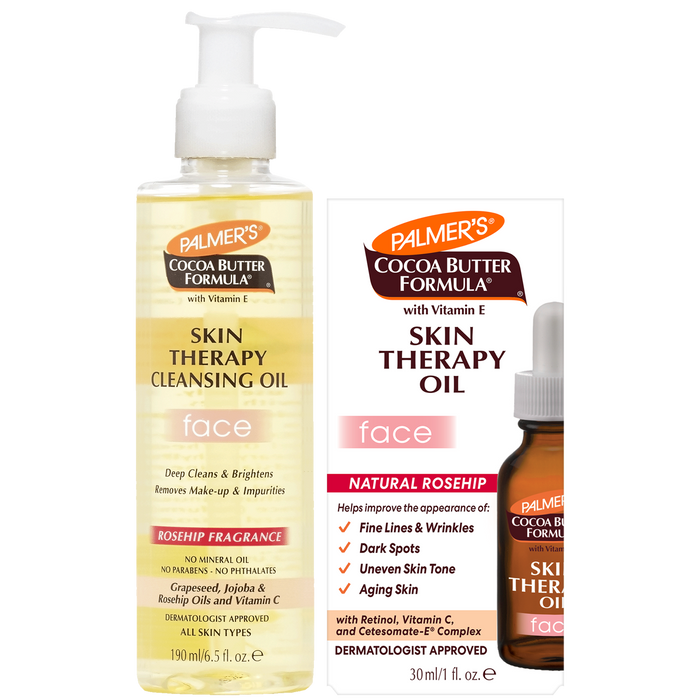 Palmer's Cocoa Butter Formula Skin Therapy Cleansing Oil for face, 150 ml pump bottle shown next to its retail box and a 30 ml dropper bottle on a white background.