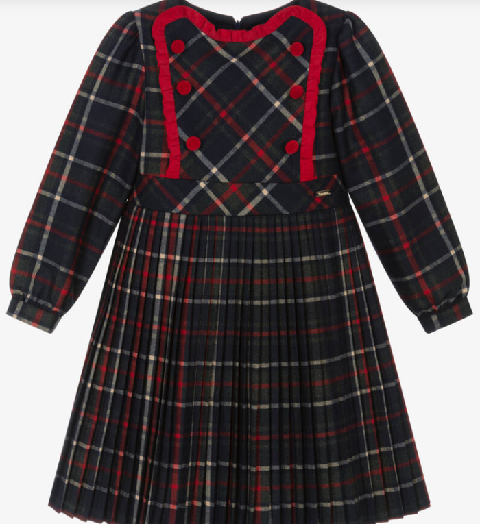 PATACHOU Girls Navy Blue & Red Tartan Dress with Velvet Trims