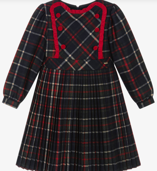 PATACHOU Girls Navy Blue & Red Tartan Dress with Velvet Trims