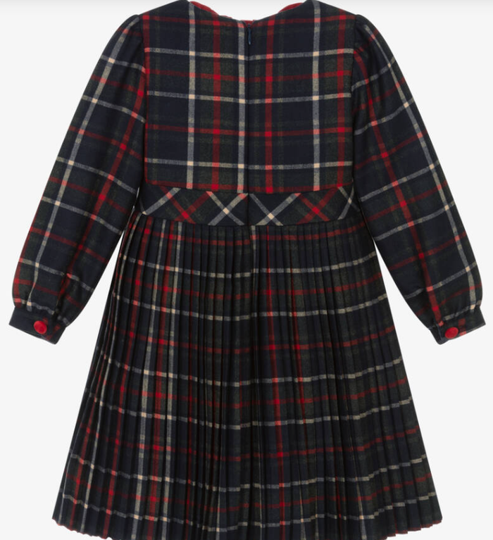 PATACHOU Girls Navy Blue & Red Tartan Dress with Velvet Trims