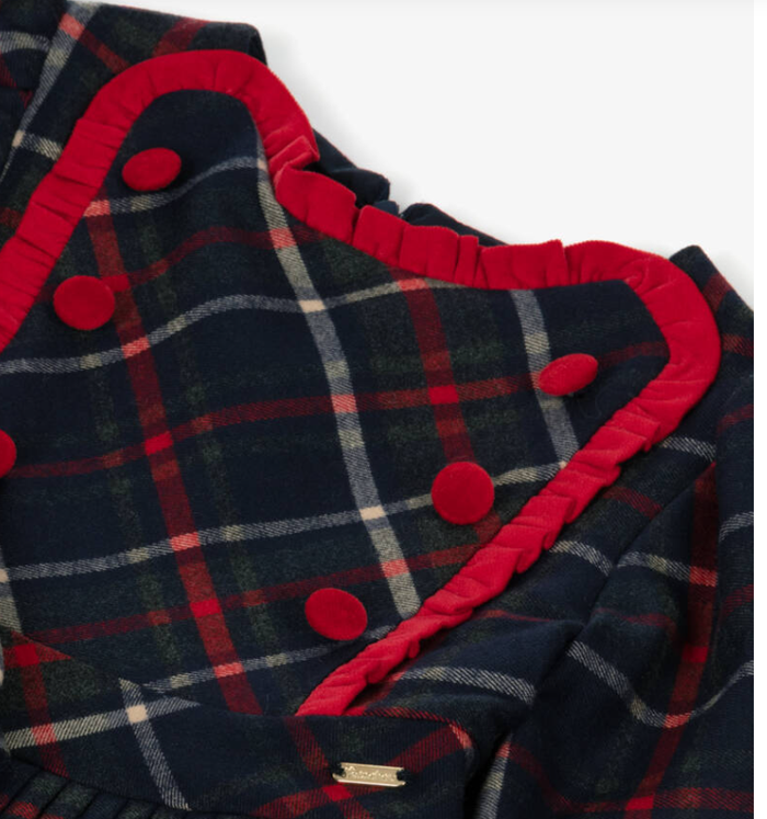 PATACHOU Girls Navy Blue & Red Tartan Dress with Velvet Trims