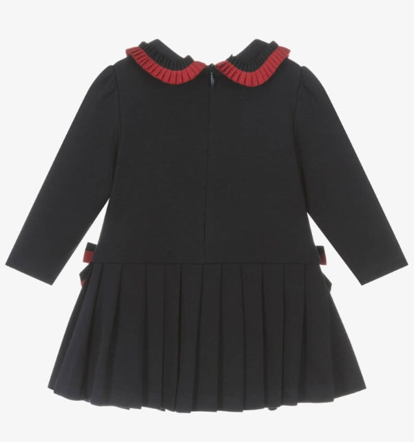 PATACHOU Girls Navy Blue Ribbon & Button Trim Cotton Jersey Dress