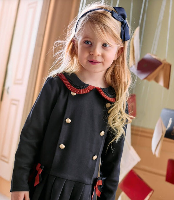PATACHOU Girls Navy Blue Ribbon & Button Trim Cotton Jersey Dress