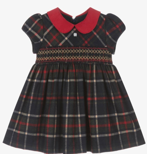 PATACHOU Girls Navy Blue Tartan Smocked Dress