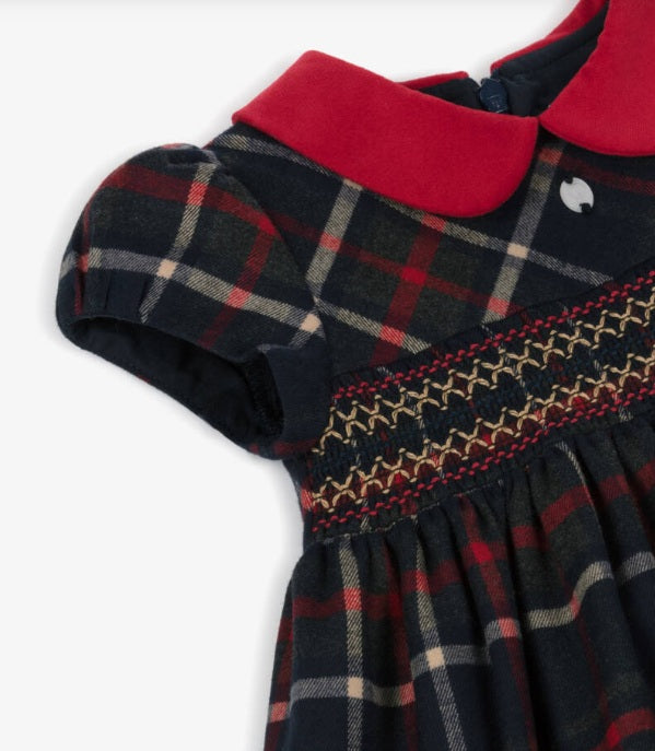 PATACHOU Girls Navy Blue Tartan Smocked Dress
