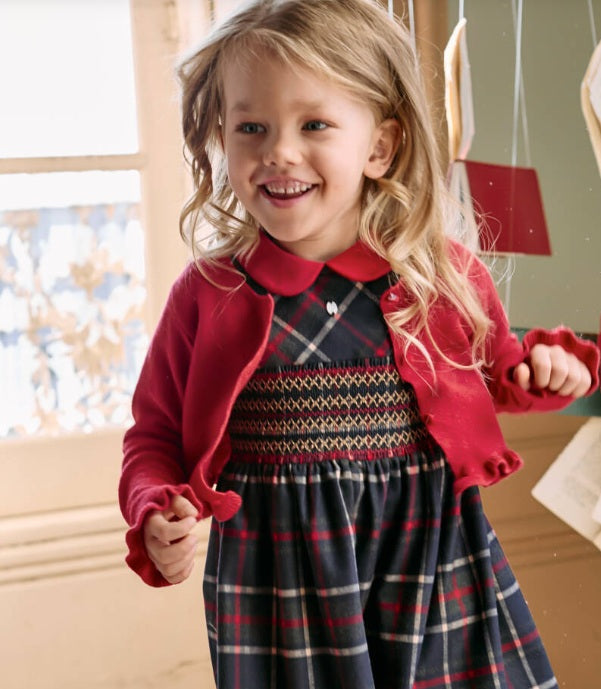 PATACHOU Girls Navy Blue Tartan Smocked Dress