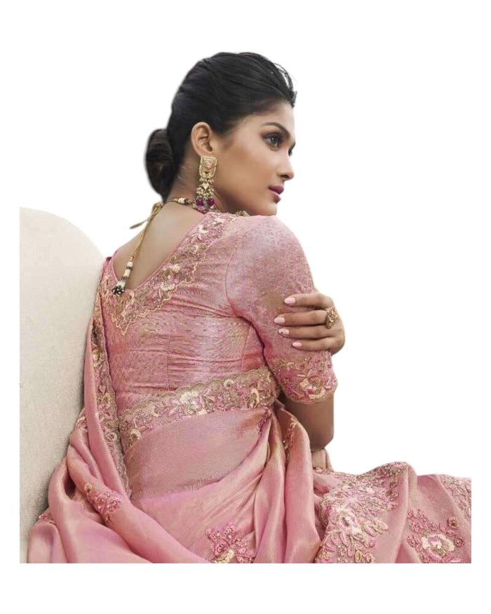 Peach - Handloom  - Designer Embroidered Saree with Blouse Piece - SULBRI4012 PY 0425