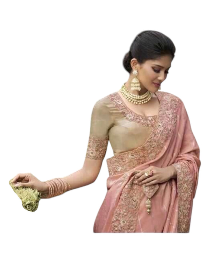 Peach - Handloom  - Designer Embroidered Saree with Blouse Piece - SULBRI4012 PY 0425