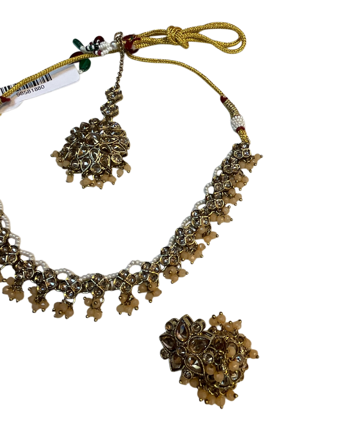 Peach - Medium Size Antique Gold Finish Necklace Set with Earrings & Head Piece - RAK436 04A26