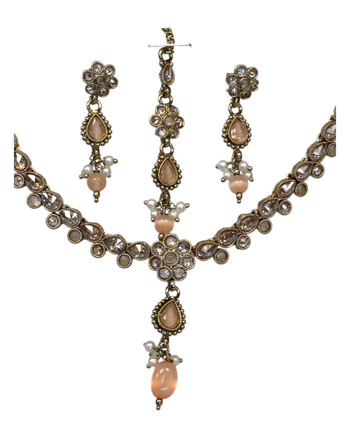 Peach - Small Size Antique Gold Finish Necklace Set with Earrings & Head Piece /Tika- SLV78  11Ap24