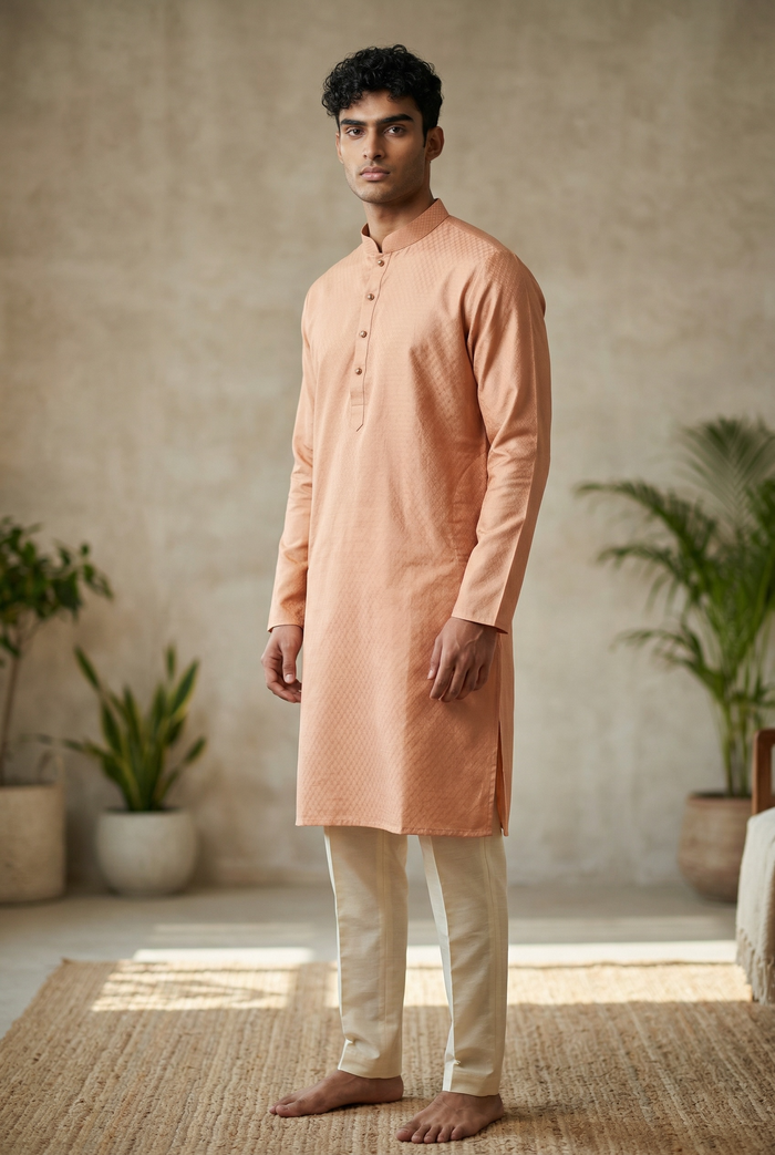 Peach - Soft Cotton Self Woven Mens Kurta Set - Perfect under a Waistcoat - Sangeet Mehendi Haldi - KCS1263 03KJ26