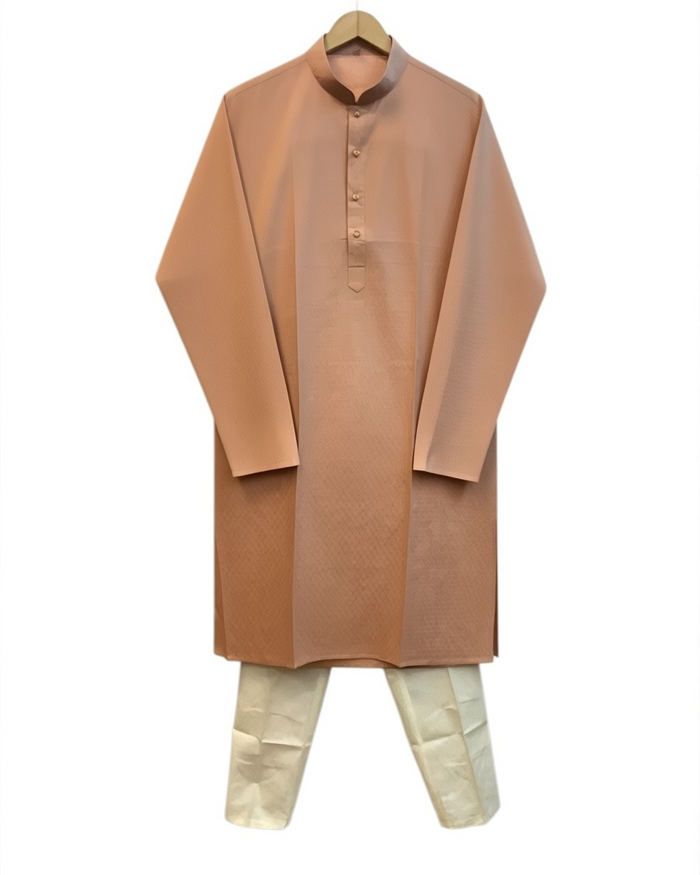 Peach - Soft Cotton Self Woven Mens Kurta Set - Perfect under a Waistcoat - Sangeet Mehendi Haldi - KCS1263 03KJ26