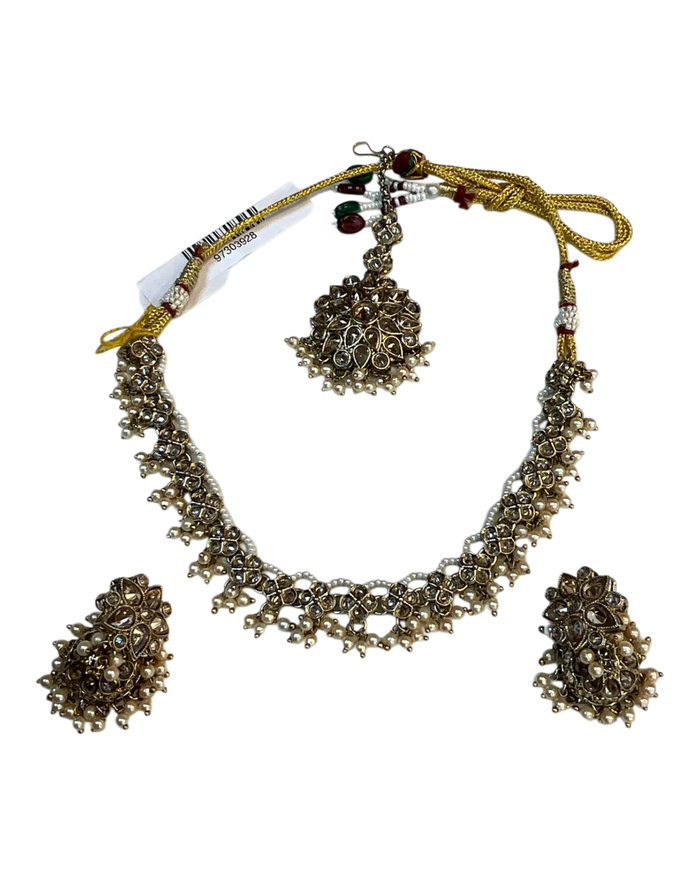 Pearl - Medium Size Antique Gold Finish Necklace Set with Earrings & Head Piece - RAK436 04A26