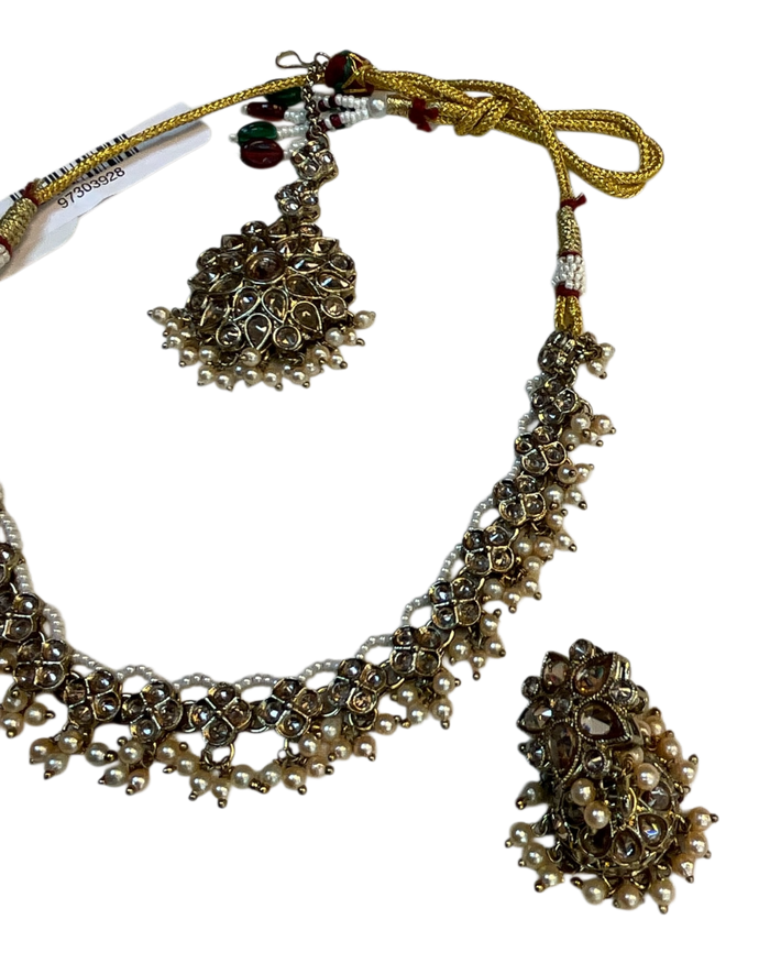 Pearl - Medium Size Antique Gold Finish Necklace Set with Earrings & Head Piece - RAK436 04A26