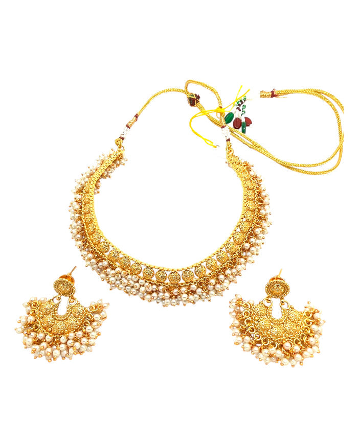 Pearl / Gold - Medium Size Gold Finish Necklace Set with Earrings - Bollywood - AE2515 08C25