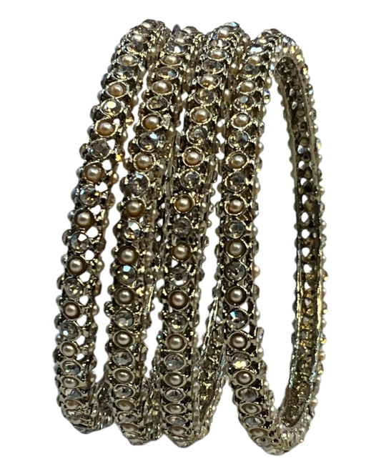 Pearl / Gold Stone - Antique Gold Finish Bangles Set (Set of 4) - UK stock - SM, M, L, XL NBA2161 11Tp25