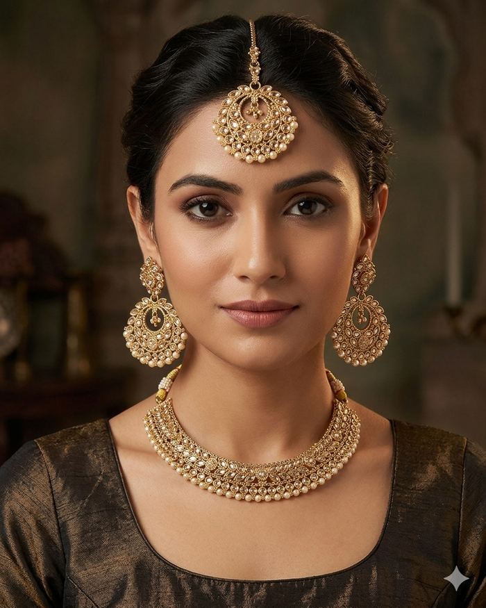 Pearl / Neutral - Medium Size Antique Gold Finish Necklace Set with Earrings - SJ07 08KY25