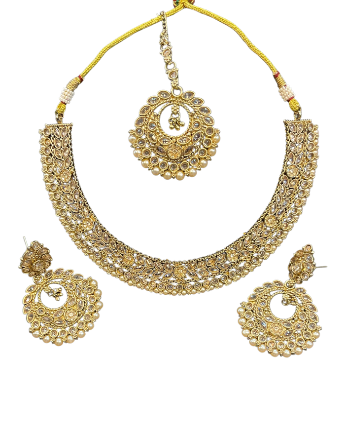 Pearl / Neutral - Medium Size Antique Gold Finish Necklace Set with Earrings - SJ07 08KY25