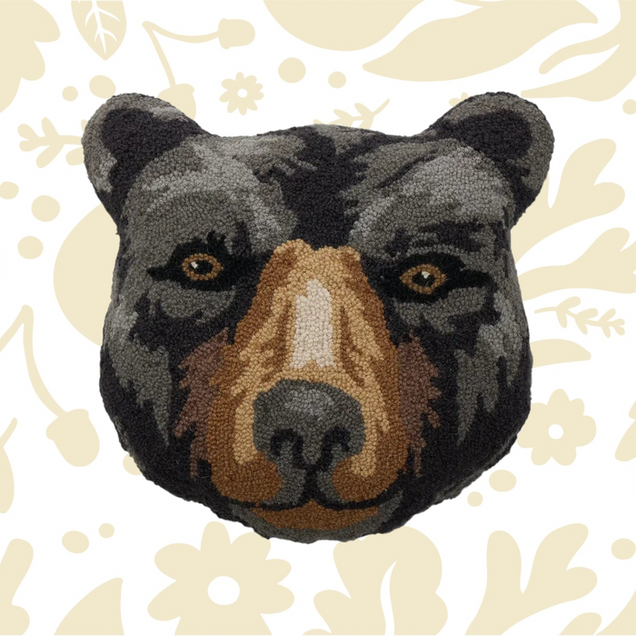 Peking Black Bear Face Wool Hook Cushion 18x18—rustic wildlife decor, cozy cabin accent, unique lodge-inspired pillow.
