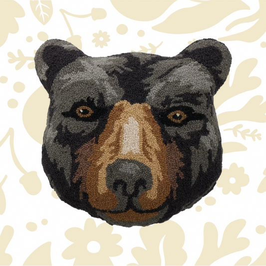 Peking Black Bear Face Wool Hook Cushion 18x18—rustic wildlife decor, cozy cabin accent, unique lodge-inspired pillow.