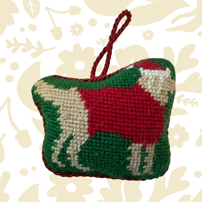 Golden Labrador Christmas needlepoint ornament in holiday attire with red loop—Peking design. Limited stock, festive decor!.