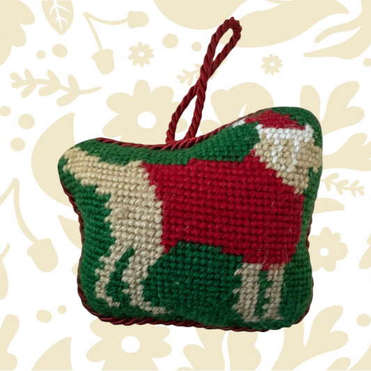 Golden Labrador Christmas needlepoint ornament in holiday attire with red loop—Peking design. Limited stock, festive decor!.