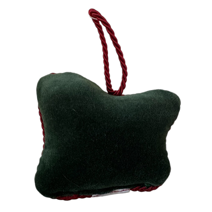 Golden Labrador Christmas ornament by Peking Needlepoint—green velvet, maroon loop. Gift idea for dog lovers, festive decor.