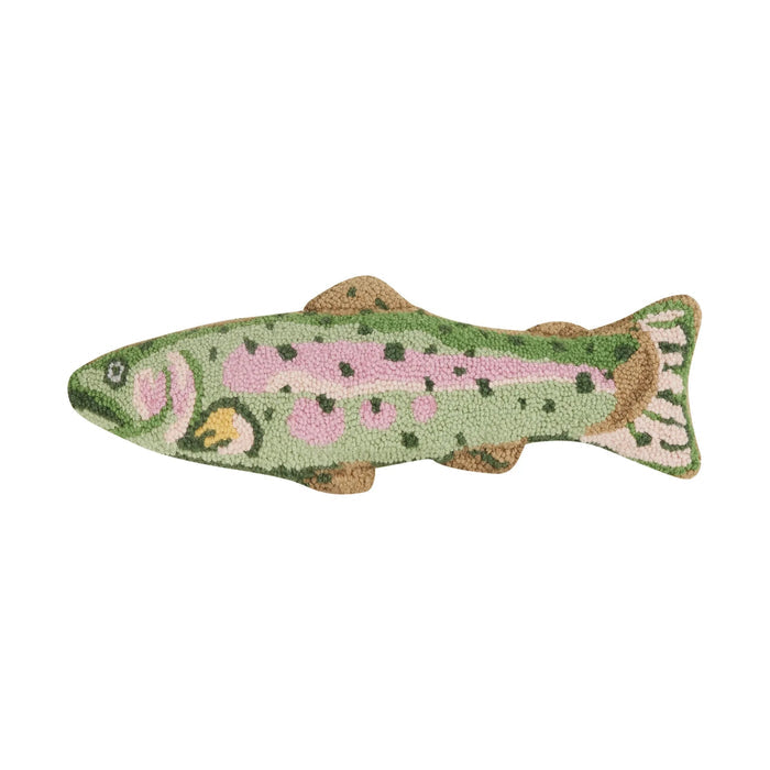 Peking Rainbow Trout wool hook cushion in green, pink & beige—unique fishing cabin decor, cozy home accent pillow.