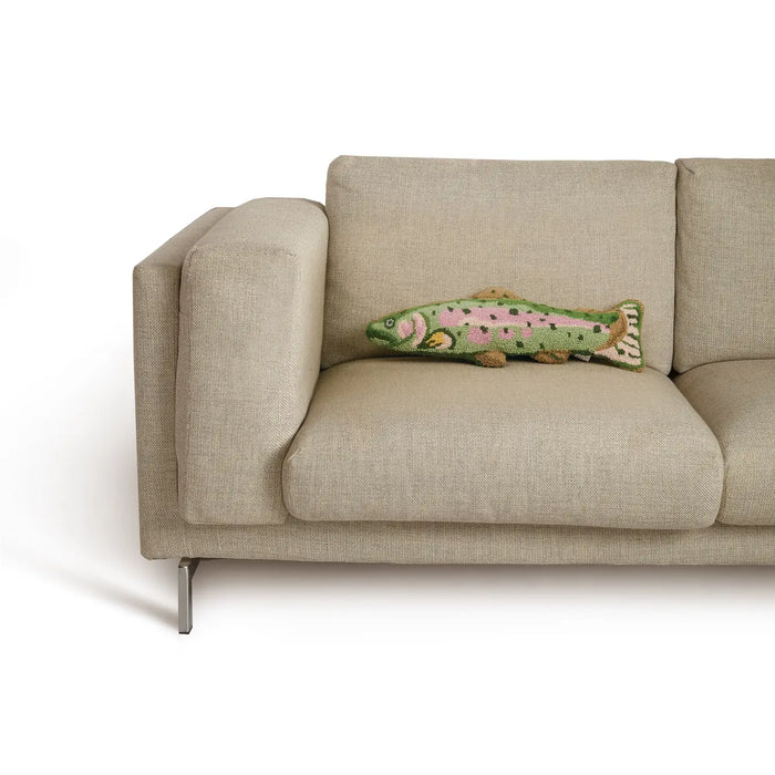 Beige sofa with Peking Rainbow Trout Wool Hook Cushion, perfect fishing cabin decor accent, on a white background.
