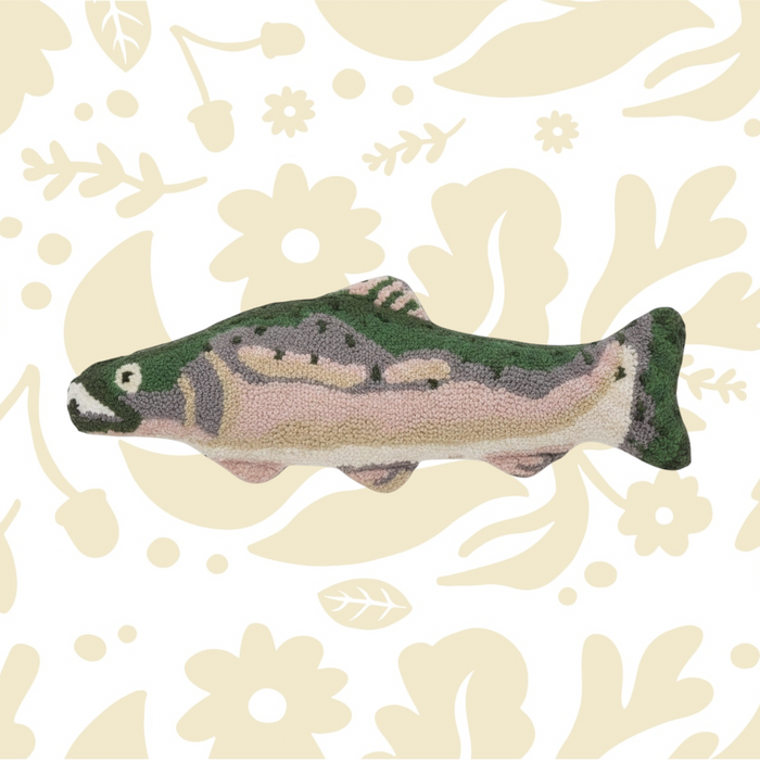 Forager Provisions LTD hand-hooked wool salmon fish shaped cushion with detailed green and pink textures