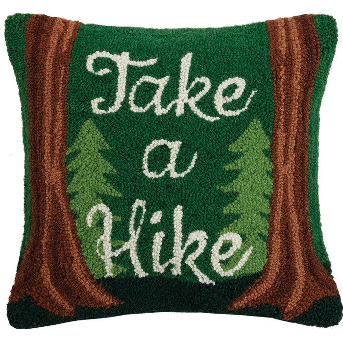 Forager Provisions LTD Peking Handicraft wool hooked cushion featuring a forest scene and Take a Hike slogan.