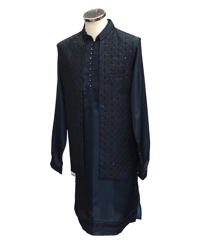 Petrol Blue - Mens Kurta Set with Rich Brocade Waistcoat  - SHU2505 TP 0325